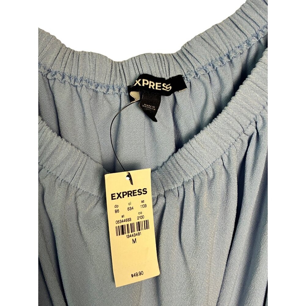 NWT Express Off-Shoulder Top Lace-Up Baby Blue‎ Smocked Waist Size Medium Blouse - Picture 4 of 13